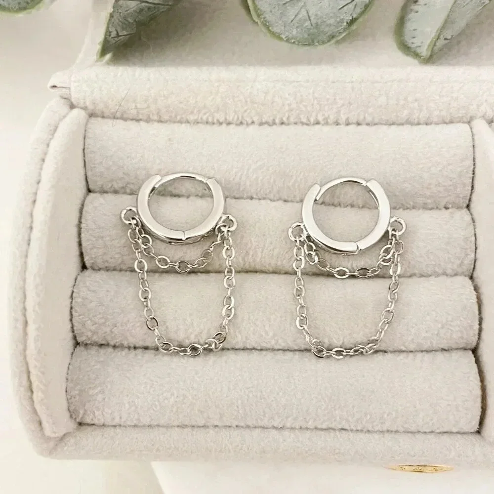 925 Sterling Silver Huggie Earrings Dangle Chain Earrings Small Hoops Huggies